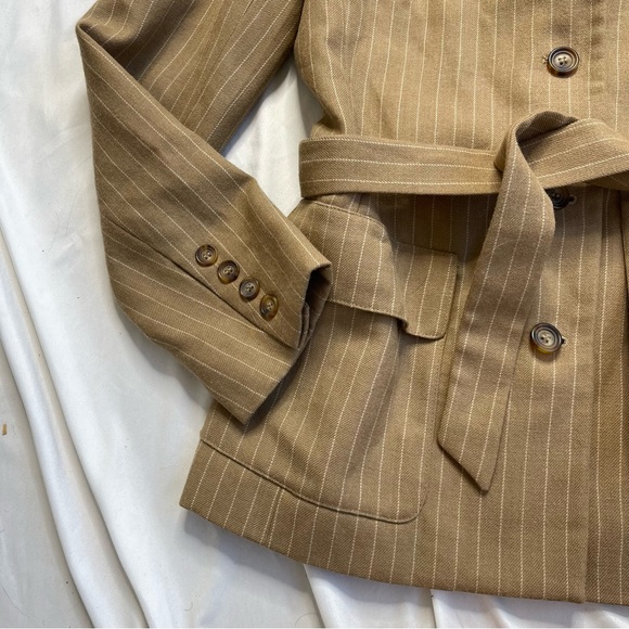 Oscar De La Renta 100% Wool Tie Front Neutral Beige Cream Belted Blazer Jacket - Picture 5 of 7